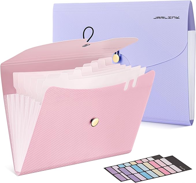 JARLINK 7 Pockets Expanding File Folder, A4 Accordion folders, Pupple&Pink | Accordion File Folders with 12 Labels, Portable Document Organizer for Home, College, School, and Office Supplies