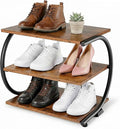 Small Shoe Rack for Entryway,C-Shaped 3-Tier 17” Wide Shoe Storage | Compact Shoe Organizer, Wooden Shelves, Curved Metal Frame, Adjustable Feet, for Front Door Entrance, Closet, Hallway