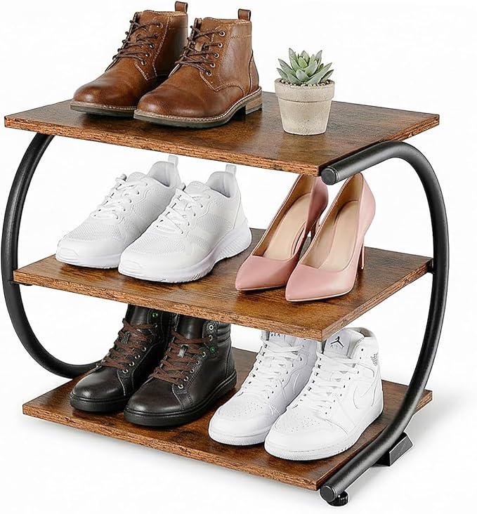 Small Shoe Rack for Entryway,C-Shaped 3-Tier 17” Wide Shoe Storage | Compact Shoe Organizer, Wooden Shelves, Curved Metal Frame, Adjustable Feet, for Front Door Entrance, Closet, Hallway