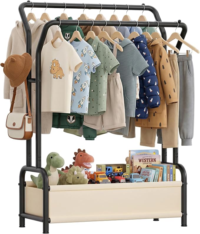 Small Kids Clothing Rack for Kids Room: Double Hanging Rods & Storage Basket - Height Adjustable Dress Up Storage - Anti-Tip Boys Baby Clothing Rack Open Nursery Baby Closet for Costumes, Shoes, Toys