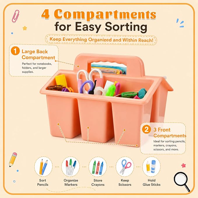 Plastic Classroom Caddy with Handle, 6 Pack 4-Compartment Teacher Supply Organizer, Stackable Desk Caddies for Pencils, Markers, Crayons, Art Craft Supplies, School Office Home, Modern Pastel Colors