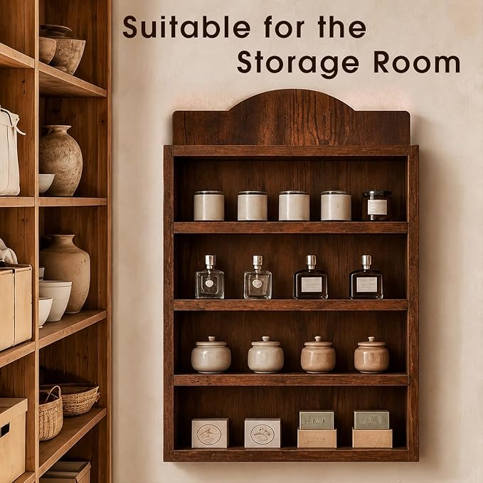 Vintage Spice Rack Wall Mounted, 4 Tier Wooden Spice Organizer Shelf for 24 House-Shaped Jars, Farmhouse Kitchen Decor Display Shelf, Rustic Brown