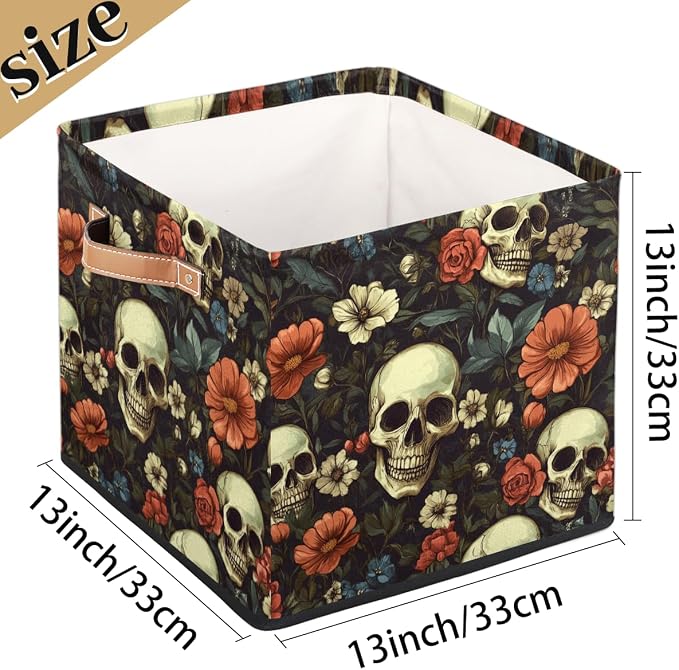 TropicalLife Floral Skull Storage Cube, 13 Inch Fabric Cube Storage Organizer Bin for Shelves Clothes, Decorative Foldable Storage Boxes