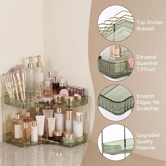 2-Tier Corner Bathroom Counter Organizer with Makeup Brush Holder, Green | Large Makeup Organizers for Vanity, Corner Bathroom Countertop Organizer for Cosmetic Perfume Skincare Storage