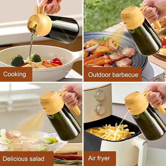 YARRAMATE 2PCS 16oz/470ml Oil Sprayer for Cooking with Stickers, Food-Grade 2 in 1 Olive Oil Dispenser Bottle for Kitchen, Premium Dark Green Glass Oil Bottle for Air Fryer, BBQ(White & Orange)
