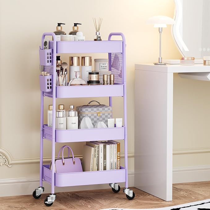 TOOLF 4 Tier Rolling Cart with Pegboard, Metal Storage Organizer Cart with Wheels, Hooks & Bins Esthetician Craft Art Sturdy Storage for Bathroom, Kitchen, Office, Nursery Diaper