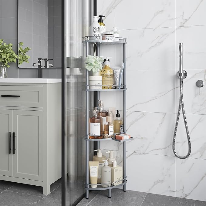 ELYKEN Corner Shower Caddy Standing, 4 Tier Rustproof Metal Shower Organizer with Soap Holder, Floor Shower Corner Shelf Rack Storage Stands with Adjustable Feet & 2 Hooks for Bathroom, Silver