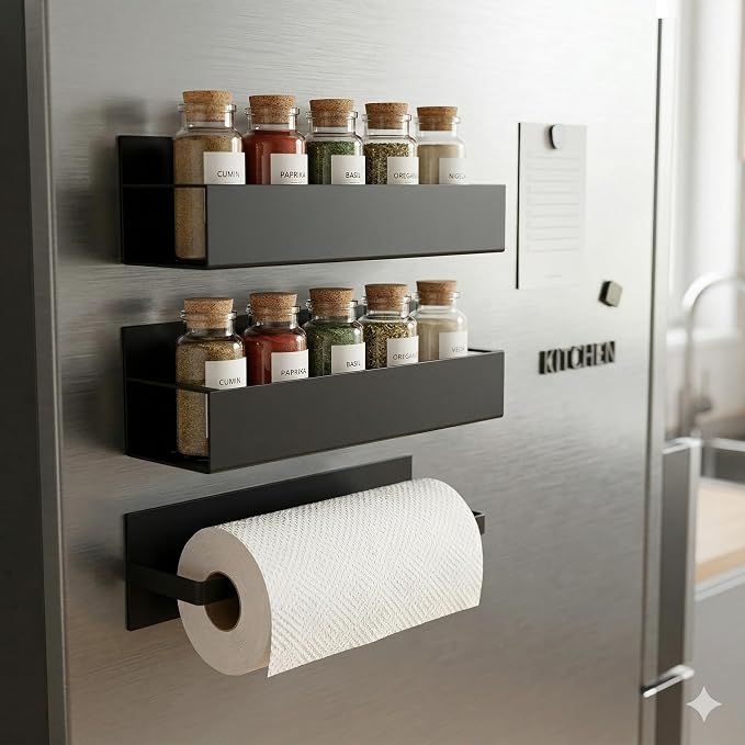AALFA Magnetic Spice Rack for Refrigerator - Black Fridge Organizer with Paper Towel & Wrap Holder - 4 Bonus Hooks Included - 2 Pack Heavy Duty Side Shelf Storage for Spices, Oils, Foil (Black)