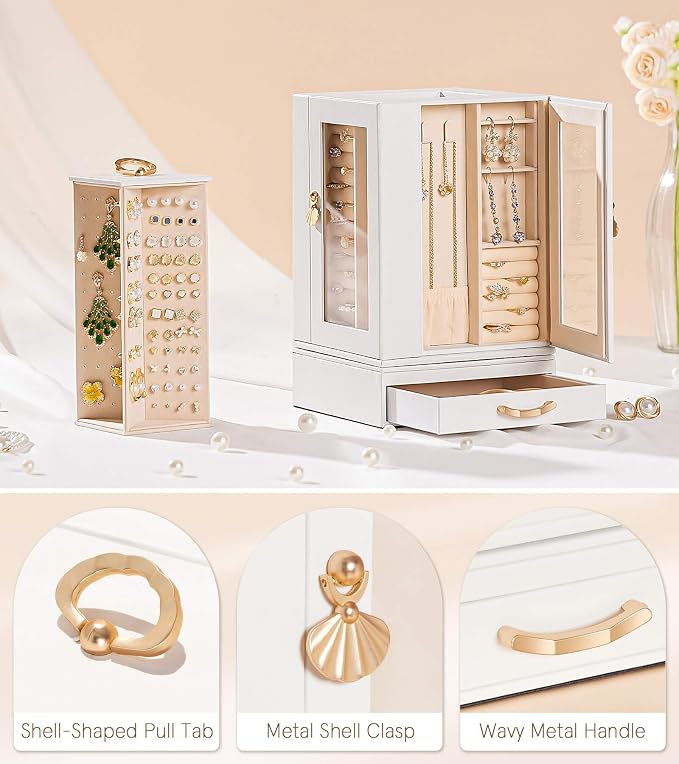 Enthralite Luxury Jewelry Box for Women: 360° Rotating with Clear Window | Compact Jewelry Storage with Drawer - Necklace Ring Organizer with Compartments - Elegant Earring Holder Display Great Gift
