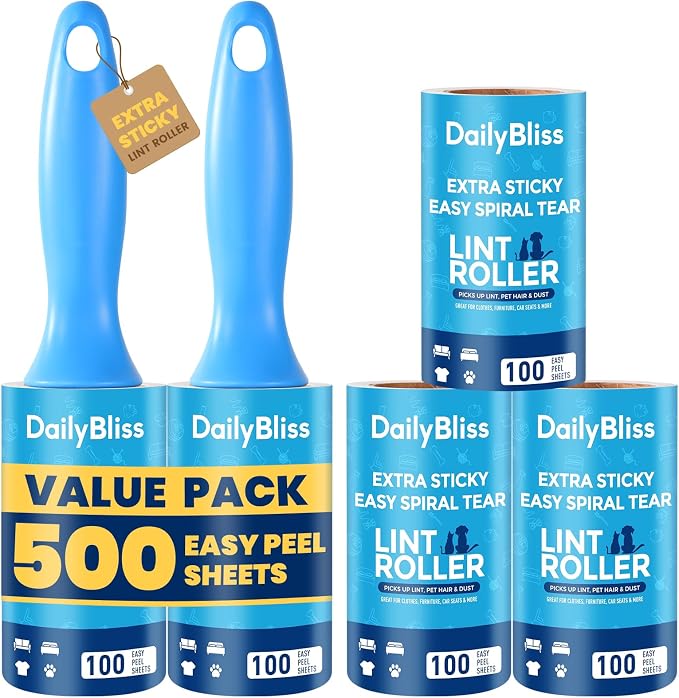Extra Sticky Lint Roller for Pet Hair, 500 Sheets with 2 Handles | Easy Spiral Tear Lint Rollers,Lint Remover for Clothes, Dog and Cat Hair Remover with Ergonomic Handle