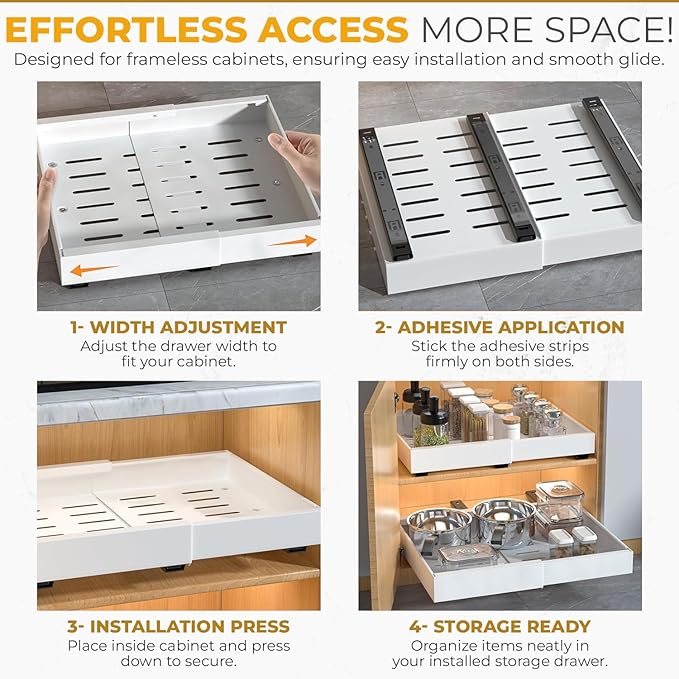 4pack Pull Out Under Sink Organizer – Expandable Sliding Cabinet Shelf for Kitchen, Bathroom, Pantry – Heavy Duty Metal Storage Rack for Cleaning Supplies and Bottles (White, 12.5-19.6 x 21 Inch)
