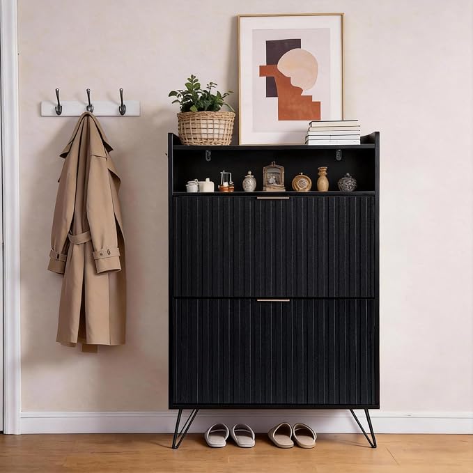 Karl home Black Slim Shoe Storage Cabinet, Entryway Shoe Organizer | Space-Saving Freestanding Shoe Rack Organizer, Versatile Storage Furniture Suitable for Entryway and Living Room