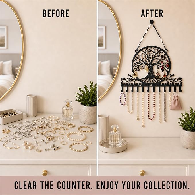 Personalized Tree of Life Wall Mounted Jewelry Organizer Metal Earring Holder Necklace Display Rack Decorative Jewelry Storage Hanger Space Saving Wall Decor for Bedroom Vanity Room Gift for Women