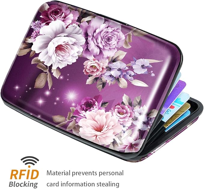 Credit Card Holder for Women,RFID Blocking Slim Hard Mini Flowers Card Case ID Case Travel Wallet Purple