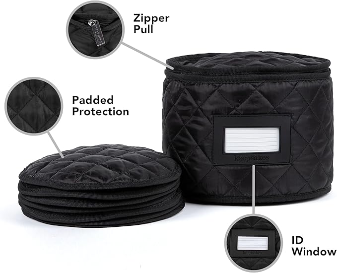 Covermates Keepsakes Dish Storage Case – Padded China & Dinnerware Organizer, Quilted Polyester Protection, ID Window, Zipper Closure, Machine Washable, Black