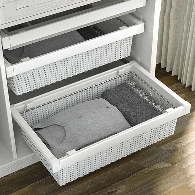 Pull Out Cabinet Storage Basket,Wardrobe Storage Organiser,Stackable Detachable Baskets Closet Storage Box,for Kitchen Office Wardrobes Cupboard Storage(White,437x20x750mm)