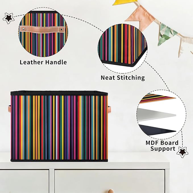 Mexican Stripes Closet Storage Bin, Foldable Storage Baskets for Shelves, Decorative Shelf Organizer Colorful Fabric Cube Bin for Living Room Bedroom Home Dorm