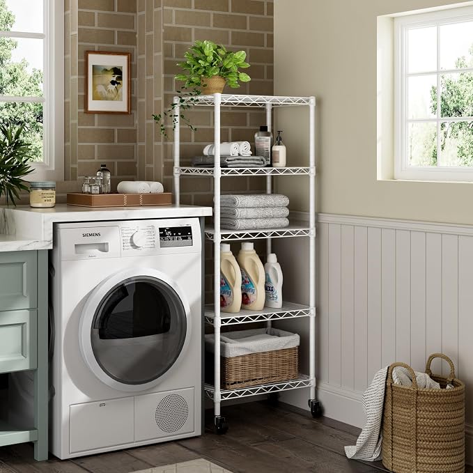 Golpart Small Shelves Storage Wire Metal Adjustable Shelf Unit with Wheels | 5 tier Shelving Organizers Storage Shelving for Bathroom Laundry Room Kitchen Pantry 11.7”D x 17.7”W x 57.2”H White