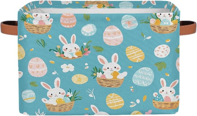 Cube Storage Bins for Shelves, Cute Easter Bunny Basket Egg Print Collapsible Fabric Toys Storage Basket Box with Handles for Home Office Bedroom Closet