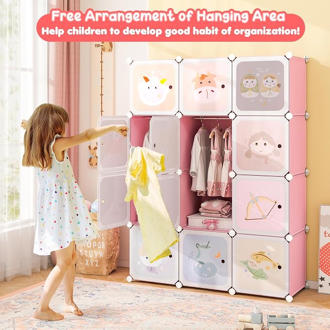 Costzon Kids Closet, Cartoon DIY Modular Dresser Storage Organizer with 12 Cubes & 2 Clothes Hanging Rack, Portable Armoire for Baby Toddlers, Kids Wardrobe for Bedroom Nursery