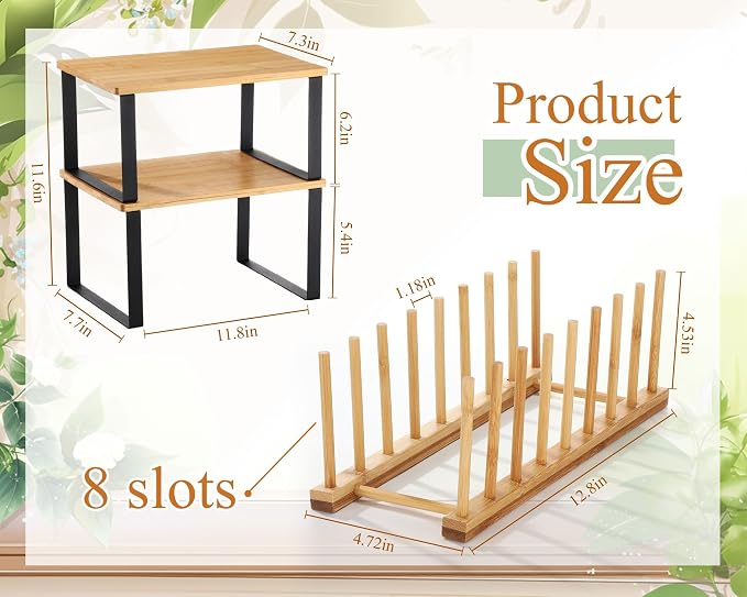 Marsui 4 Pcs Kitchen Organizer Accessories Set for Cabinet,Light Color | Cabinet Organizer Shelves, Bamboo Dish Drying Plate Rack, Wooden Counter Storage Holder, for Spice Dish Pot Lid Bowl Cup