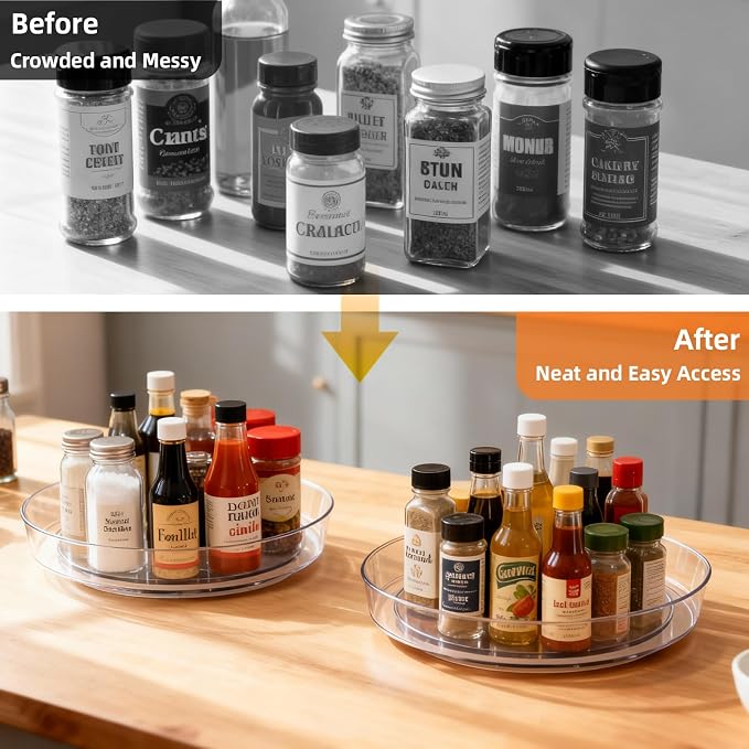 4 Pack Lazy Susan 10 inch Turntable for Spice Organization | Clear BPA-Free Plastic Rotating Organizer for Kitchen Cabinet, Pantry, Countertop, Fridge | 360-Degree Rotating Base