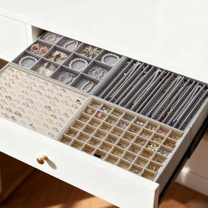 Large Jewelry Organizer for Drawer Insert Velvet Stackable Jewelry Trays for Earring Necklace Bracelet Ring Display (Gray, 48 Grids)
