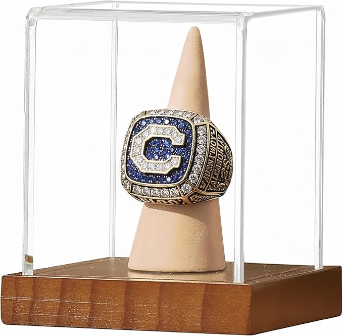 JupDec Championship Ring Display Case, Clear Acrylic Single Ring Holder with Wood Stand Base for Sports Basketball Baseball Fan Souvenirs Military, UV Protection