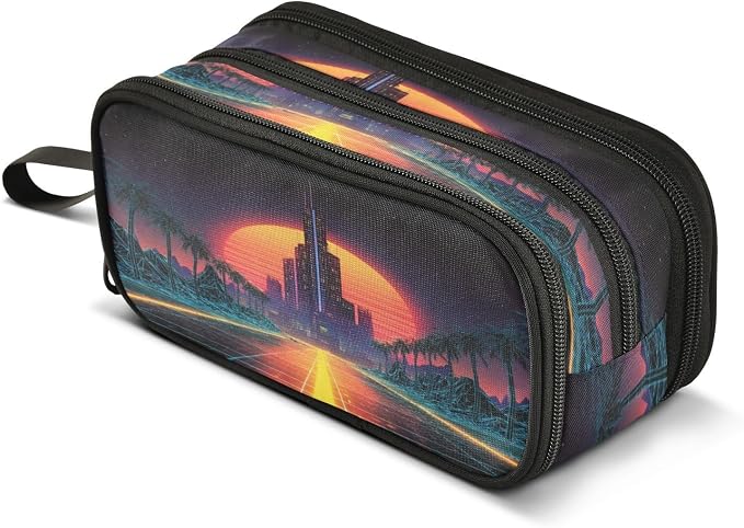 Neon Synthwave Pattern Large Capacity Pencil Case Pouch Organizer stationery Pen Bag with 3 Compartment for School College Supplies