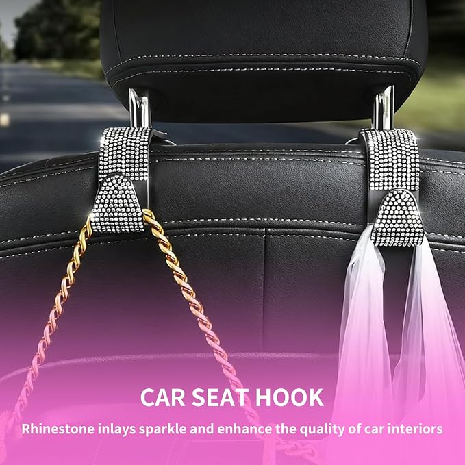 4PCS Bling Car Seat Headrest Hooks, Vehicle Back Seat Purse Handbag Hanging Holder with Crystal Rhinestone, Diamond Storage Organizer Hook,Bling Car Accessories for Women (Colorful)