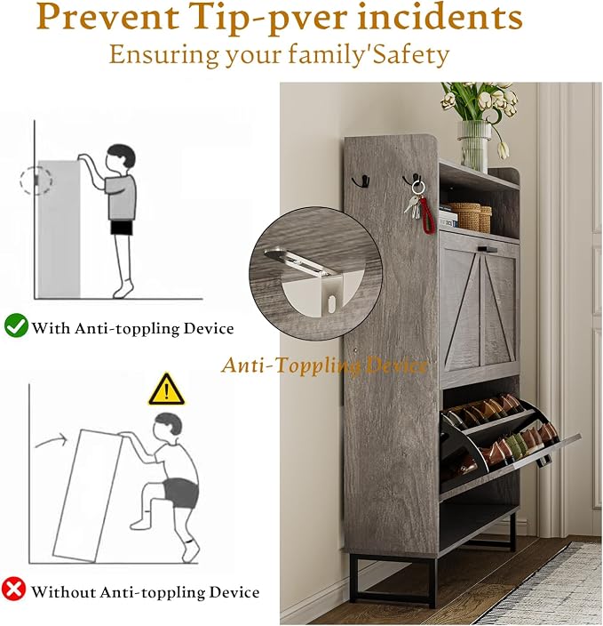 Wodeer Shoe Storage Cabinet with 2 Flip Drawers, Narrow Wood Shoe Cabinet Storage for Entryway with Metal Legs & Hooks, Adjustable Shelves, Freestanding Shoe Rack Organizer for Foyer, Hallway, Grey