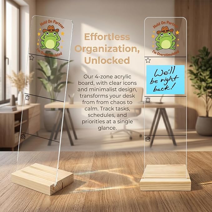 Monitor Memo Board, Sticky Note Holder, Sticky Note Board for Desk, Acrylic Desk Buddy with Wooden Base, Includes 200 Notes, Featuring Cowboy Frog Hold On Partner I’m Overstimulated Funny Quote