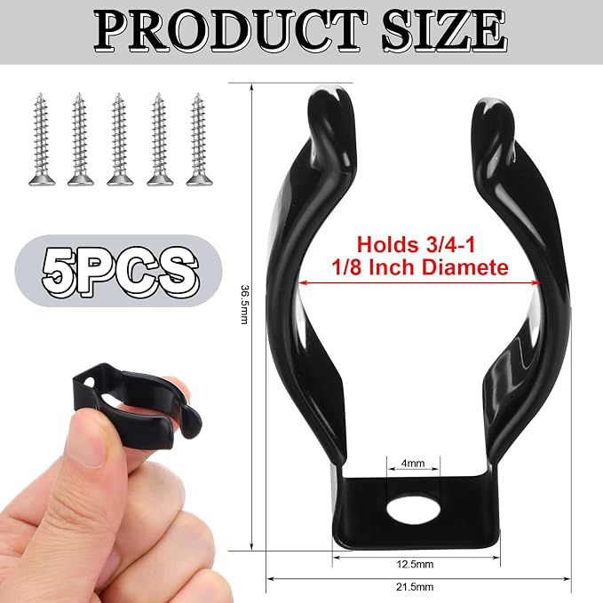 5 Pack Spring Clip Broom Clip with Screws for 3/4-1 1/8 Inch Diameter Black Manganese U Shape Steel Clips Holder Bracket for Tools Rakes and Flashlight Pipe Tool Holder Wall Garage Garden