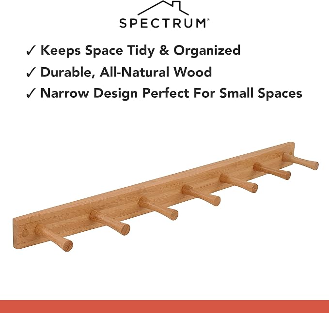 Spectrum 7 Peg Wall Mount Peg Rack Wooden Storage Organizer for Coats Hats Purses Towels, Includes Mounting Hardware and Decorative Plugs, Tie Rack Hanger Belt Holder Closet Accessory, Bamboo Color