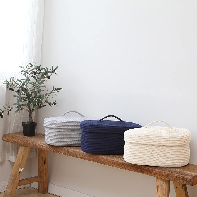 Sea Team Oval Cotton Rope Storage Basket with Lid, Lidded Woven Storage Bin, Nursery Storage Container, Diaper Caddy, Baby Shower Basket, Box, Organizer, 15 x 11 x 6.5 Inches (Medium, Cream)