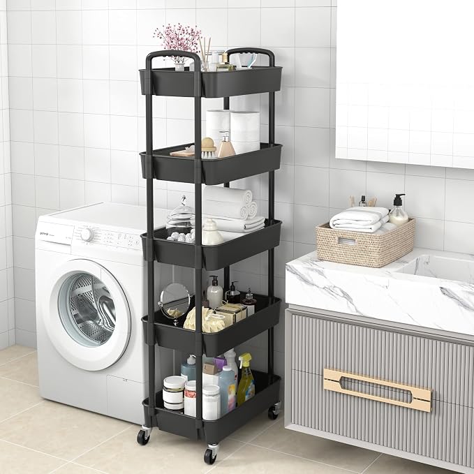 Sywhitta 5-Tier Plastic Rolling Utility Cart with Handle, Multi-Functional Storage Trolley for Office, Living Room, Kitchen, Movable Storage Organizer with Wheels, Black