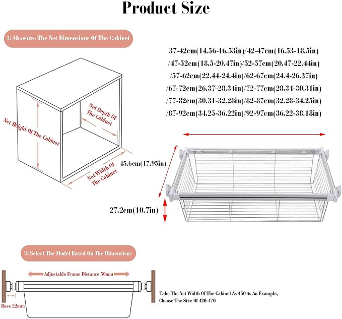 Closet Pull-Out Basket,Stackable Storage Bins,Stainless Steel Stackable Shelf Baskets Organizer,Adjusted Width for Bedroom Office Bathroom(24.4-26.37in)