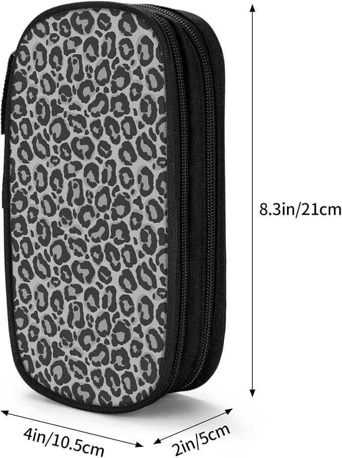 Perinsto Grey Leopard Print Pencil Case Big Capacity Multi Compartment Stationery Box Pencil Pouch Holder Desk Organizer For School Office Home