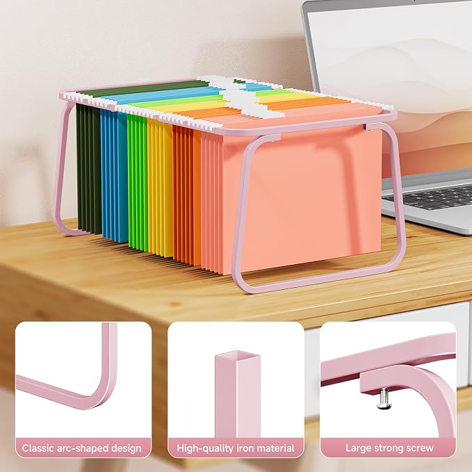 Marbrasse Hanging File Folder Frame, Adjustable Letter Size File Holder 16-25 Inches, Metal File Cabinet Rails for Office, Home, School, Pink