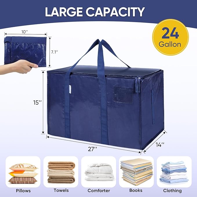 TICONN 2 Pack Extra Large Moving Bags Heavy Duty with Zippers & Carrying Handles, Durable Storage Bags Moving Boxes for Closet Organizers and Storage (2 Pack, Navy)