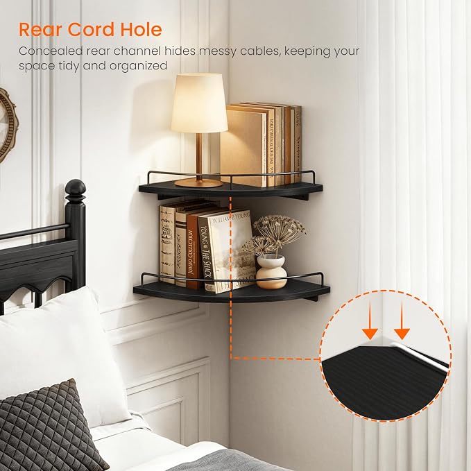 Homode 3 Tier Corner Floating Shelves, Wooden Corner Shelf Wall Mount 9/10/12 Inch with Guardrail, Rounded Hanging Corner Wall Storage Shelving for Bedroom Bathroom Kitchen Office, Black