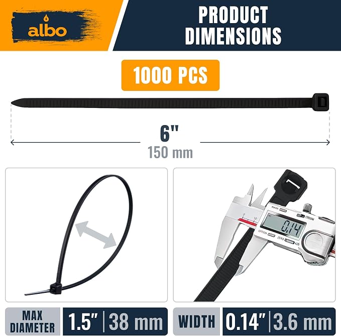ALBO Zip Ties Black 6 Inch 1000 Pack 40 lb, Long Plastic Cable Ties Thick 0.14 Inch Tie Wraps Heavy Duty UV Resistant Nylon Wire Ties for Indoor and Outdoor