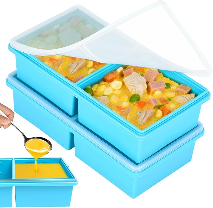 2 cup Silicone Freezer Trays with Lids, Silicone Soup Freezer Molds, Easily prepare portioned meals, Dishwasher, Oven Safe, Great for Frozen Broth, Leftovers & Meal Prep, BPA Free 2 Pack