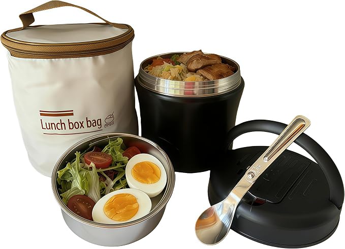 40oz Insulated Lunch Container with Thermal Bag & Folding Spoon – Stainless Steel Leak Proof Food Jar, Large Capacity Bento Box for Hot Food, Thermos for Adults Office Work