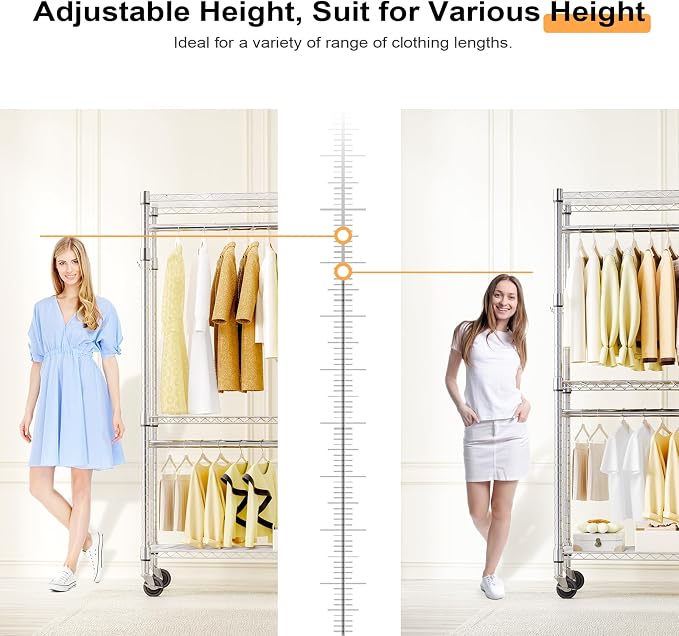 M MZG Heavy Duty Rolling Garment Rack 3 Tiers Adjustable Wire Shelving Clothes Rack with 2 Rods and Side Hooks,Storage Closet Clothing Rack with Wheels Chrome 15.7" D x 29.5" W x 74.5" H
