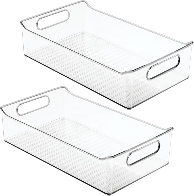 mDesign Plastic Kitchen or Pantry Storage Bins with Handles - Organization in Cabinet, Fridge or Freezer - Fruit Container for Refrigerator or Food Organizer for Pasta, Ligne Collection, 2 Pack, Clear
