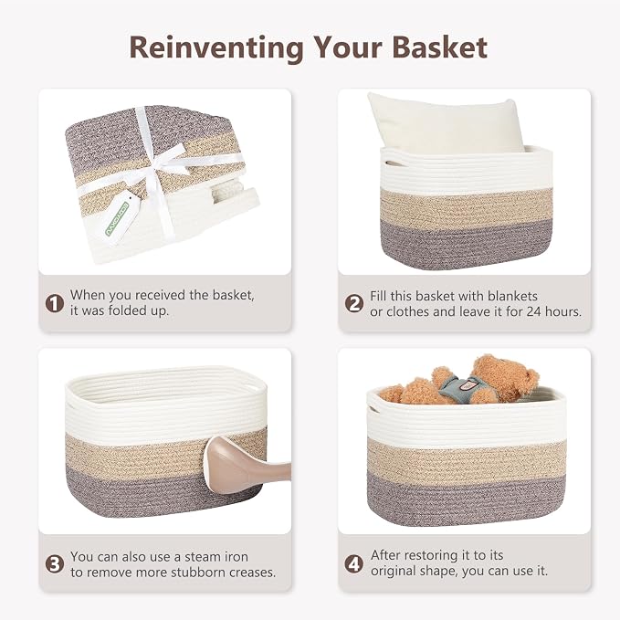 ECDYQXVU 15x10x9 Woven Cotton Rope Storage Basket, Leather Handles 1 Pack | Foldable Design, Sturdy PU Handles, Easy to Clean Organizer for Living Room, Closet, Shelves, Bedroom, Laundry, Clothes