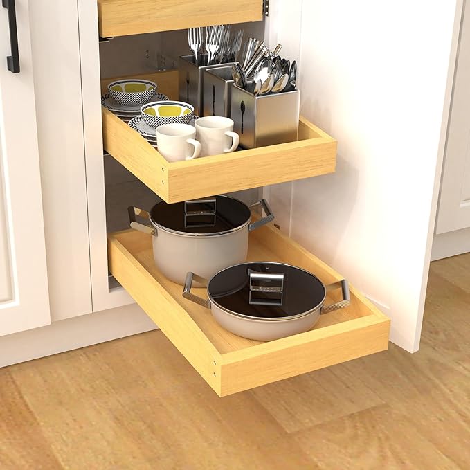 Wooden Pull out Cabinet Organizer 15" W x 21" D x 4.3" H, Only for 15" Cabinet Openg Heavy Duty Kitchen Slide Out Drawers