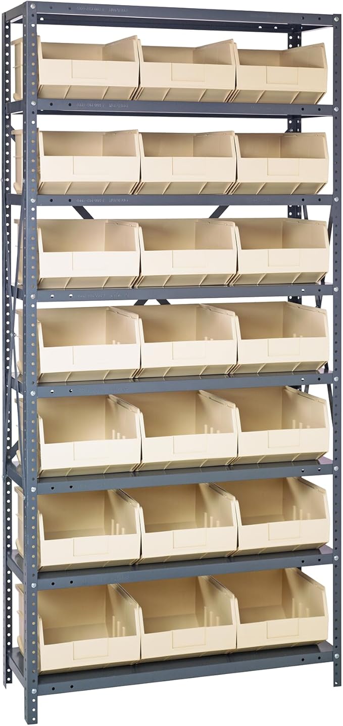 Quantum 1875-465IV Heavy Duty Shelving Unit with (8) Shelves and (21) SSB465 Ivory Bins for Industrial Warehouse Storage Distribution | 400 lbs Capacity | 18"D x 36"L x 75"H, Galvanized Carbon Steel