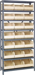 Quantum 1275-425IV Heavy Duty Shelving Unit with (8) Shelves and (21) SSB425 Ivory Bins for Garage Warehouse Storage Distribution | 400 lb Load Capacity | 12"D x 36"L x 75"H, Galvanized Carbon Steel